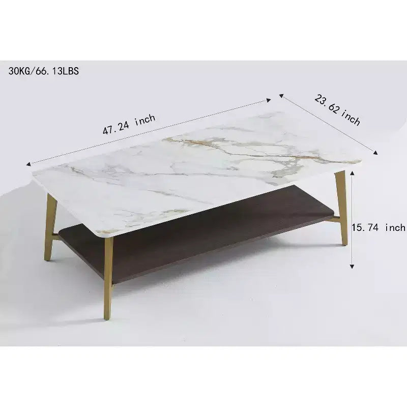Couchtisch mit zwei Ebenen fürs Wohnzimmer, rechteckiger Wohnzimmertisch mit 47.2, Beistelltisch aus Holz mit Metallgestell, Weiß/Gold