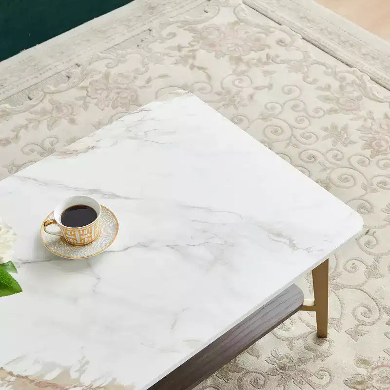 Mesa de centro de 2 niveles para sala de estar, mesa central rectangular de 47.2 para sala de estar, mesa auxiliar de madera con estructura de metal, blanca/dorada