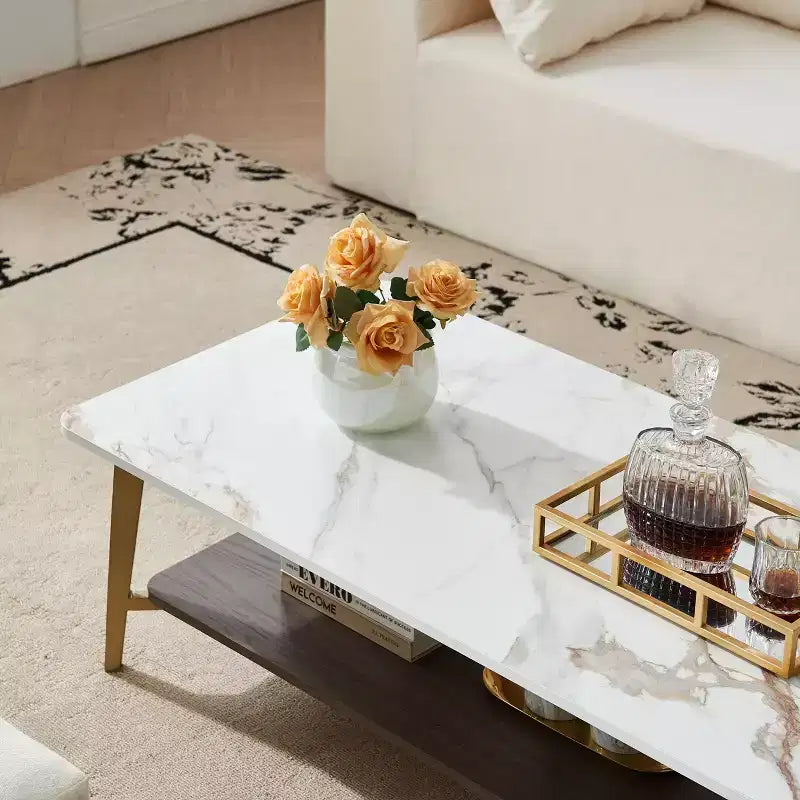 Mesa de centro de 2 niveles para sala de estar, mesa central rectangular de 47.2 para sala de estar, mesa auxiliar de madera con estructura de metal, blanca/dorada