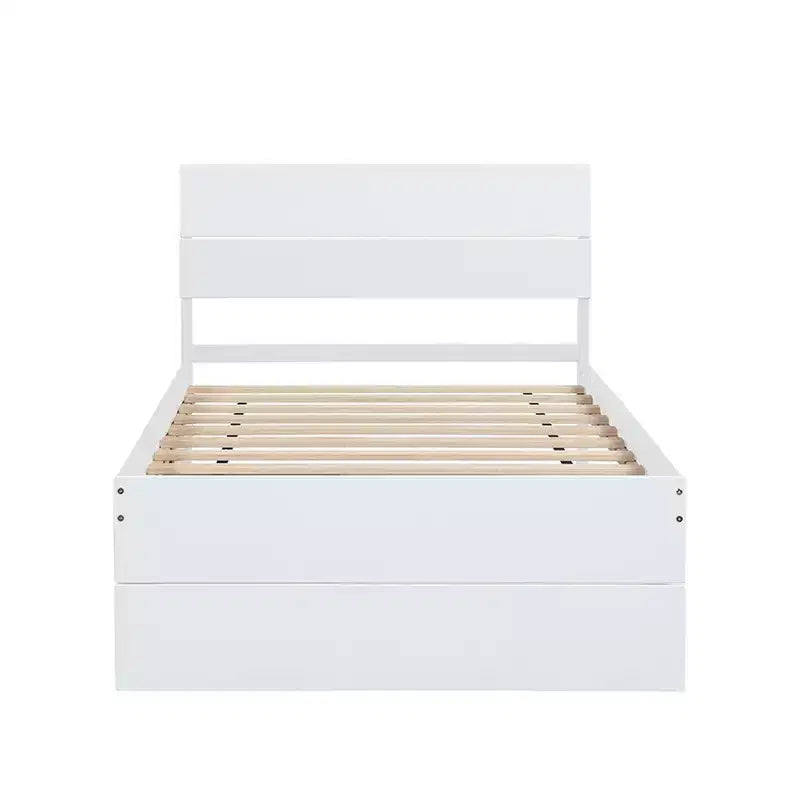 Modernes Einzelbettgestell mit ausziehbarem Einzelbett, Plattformbett aus Massivholz mit Kopfteil, kein Boxspring erforderlich, Holzlattenrost, Weiß
