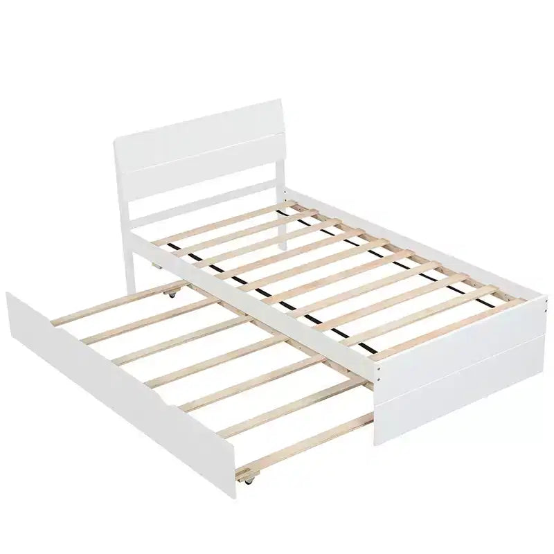 Modernes Einzelbettgestell mit ausziehbarem Einzelbett, Plattformbett aus Massivholz mit Kopfteil, kein Boxspring erforderlich, Holzlattenrost, Weiß