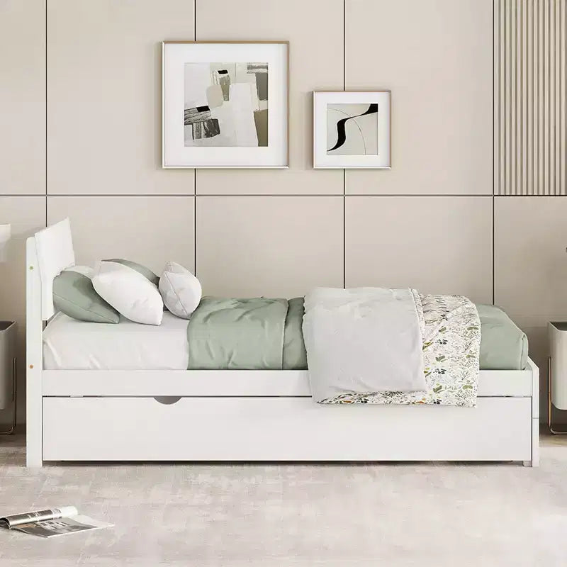 Modernes Einzelbettgestell mit ausziehbarem Einzelbett, Plattformbett aus Massivholz mit Kopfteil, kein Boxspring erforderlich, Holzlattenrost, Weiß