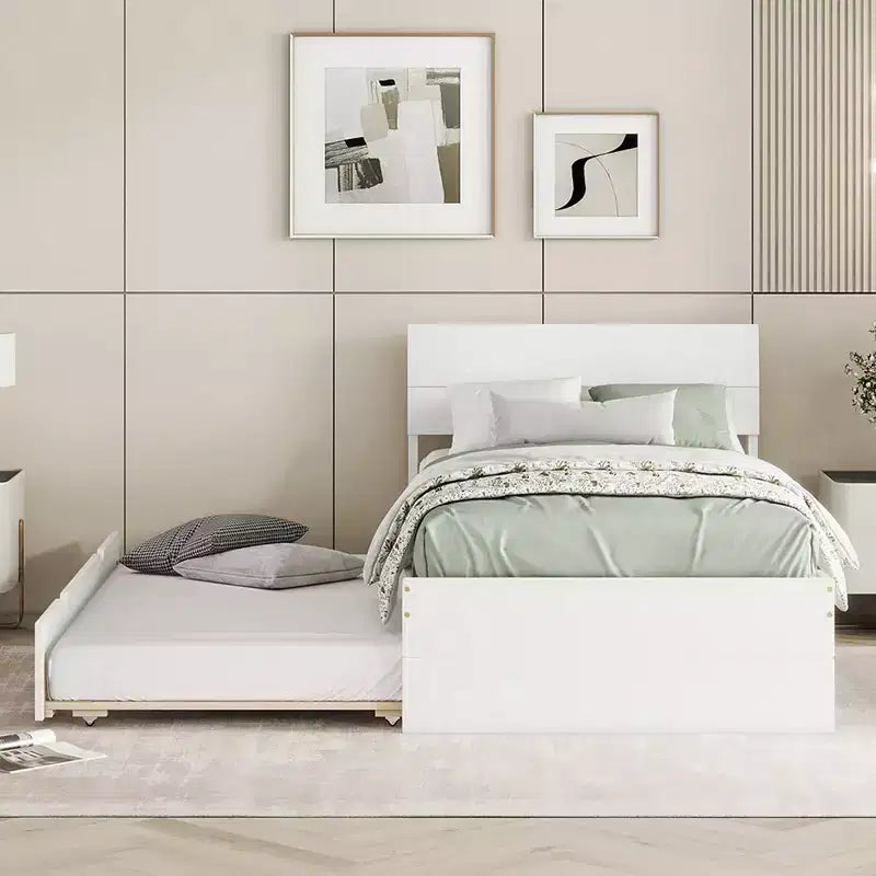 Modernes Einzelbettgestell mit ausziehbarem Einzelbett, Plattformbett aus Massivholz mit Kopfteil, kein Boxspring erforderlich, Holzlattenrost, Weiß