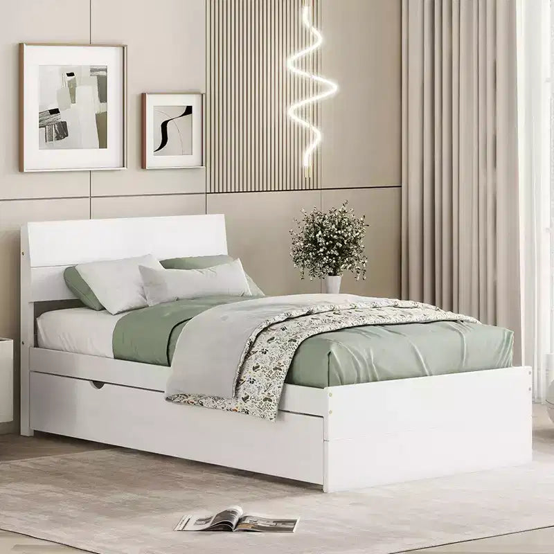 Modernes Einzelbettgestell mit ausziehbarem Einzelbett, Plattformbett aus Massivholz mit Kopfteil, kein Boxspring erforderlich, Holzlattenrost, Weiß