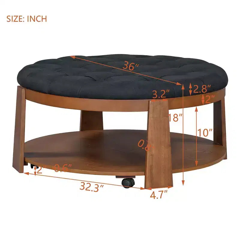 Table basse ottomane à 2 niveaux pour le salon, table cocktail d’appoint en lin de 36, ottomane surdimensionnée capitonnée avec base en hévéa