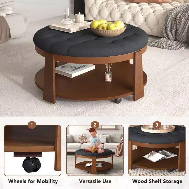 Table basse ottomane à 2 niveaux pour le salon, table cocktail d’appoint en lin de 36, ottomane surdimensionnée capitonnée avec base en hévéa