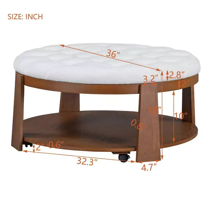 Table basse ottomane à 2 niveaux pour le salon, table cocktail d’appoint en lin de 36, ottomane surdimensionnée capitonnée avec base en hévéa
