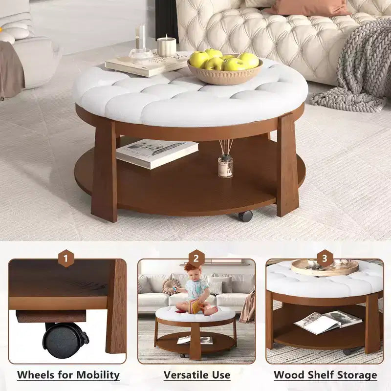 Table basse ottomane à 2 niveaux pour le salon, table cocktail d’appoint en lin de 36, ottomane surdimensionnée capitonnée avec base en hévéa