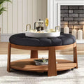 Table basse ottomane à 2 niveaux pour le salon, table cocktail d’appoint en lin de 36, ottomane surdimensionnée capitonnée avec base en hévéa