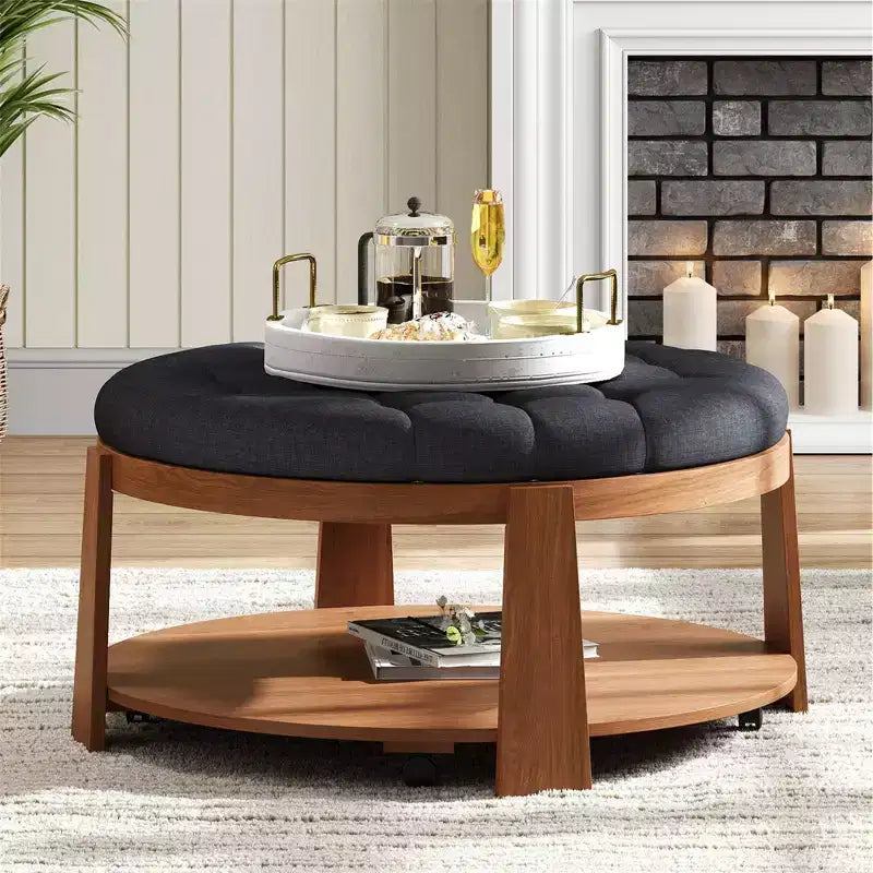 Couchtisch mit zweistöckigem Ottoman fürs Wohnzimmer, 36 Leinen-Cocktailtisch, übergroßer Ottoman mit Knopfsteppung und Gestell aus Gummibaumholz