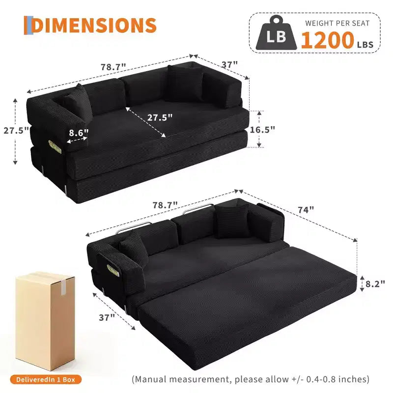 78.7 Übergroßer Chaiselongue-Sessel für Innenräume, übergroßes Sofa-Bett aus Cord ohne Gestell mit 2 Kissen, für Wohnzimmer und Schlafzimmer