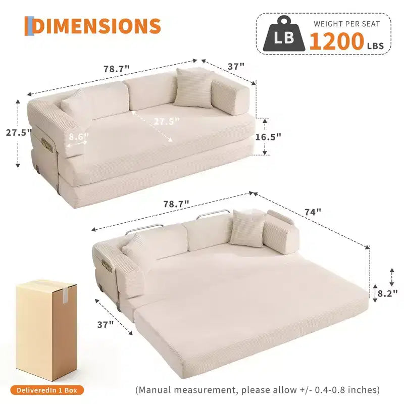 78.7 Übergroßer Chaiselongue-Sessel für Innenräume, übergroßes Sofa-Bett aus Cord ohne Gestell mit 2 Kissen, für Wohnzimmer und Schlafzimmer