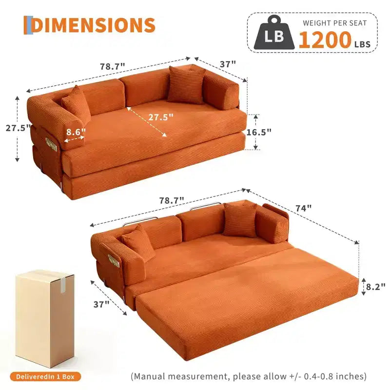 78.7 Übergroßer Chaiselongue-Sessel für Innenräume, übergroßes Sofa-Bett aus Cord ohne Gestell mit 2 Kissen, für Wohnzimmer und Schlafzimmer