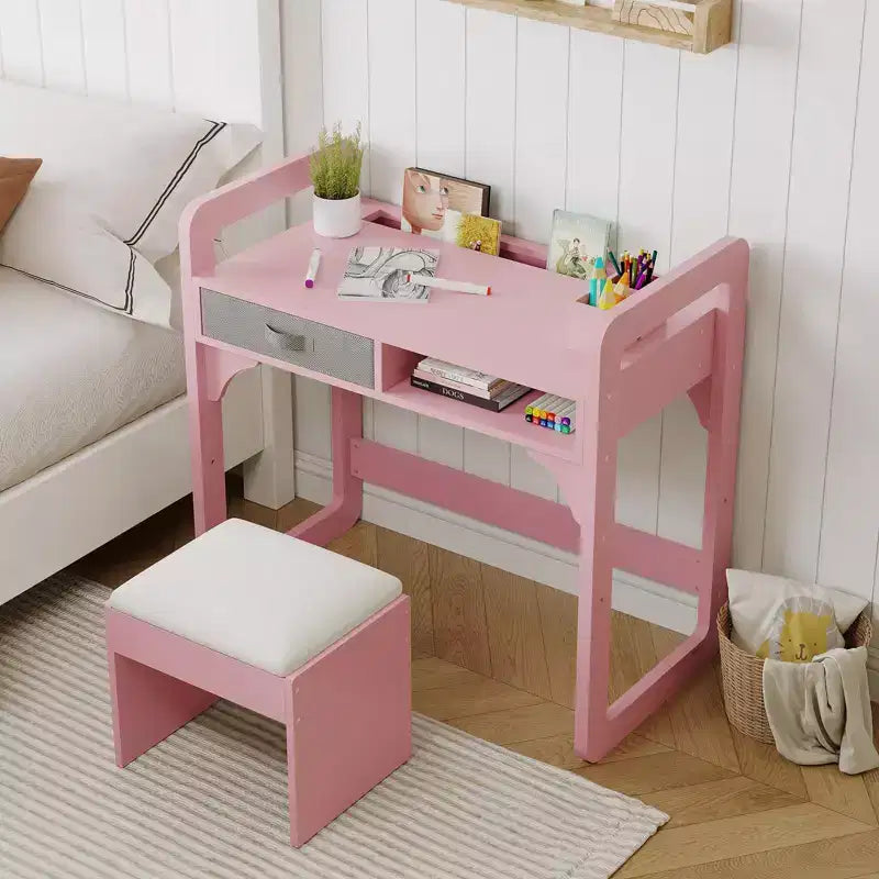 Schreibtisch- und Stuhlset für Kinder - Holzerner Schülerschreibtisch mit Stoffschublade, Stiftehaltern und gepolstertem Hocker für Schlafzimmer, Spielzimmer und Wohnzimmer