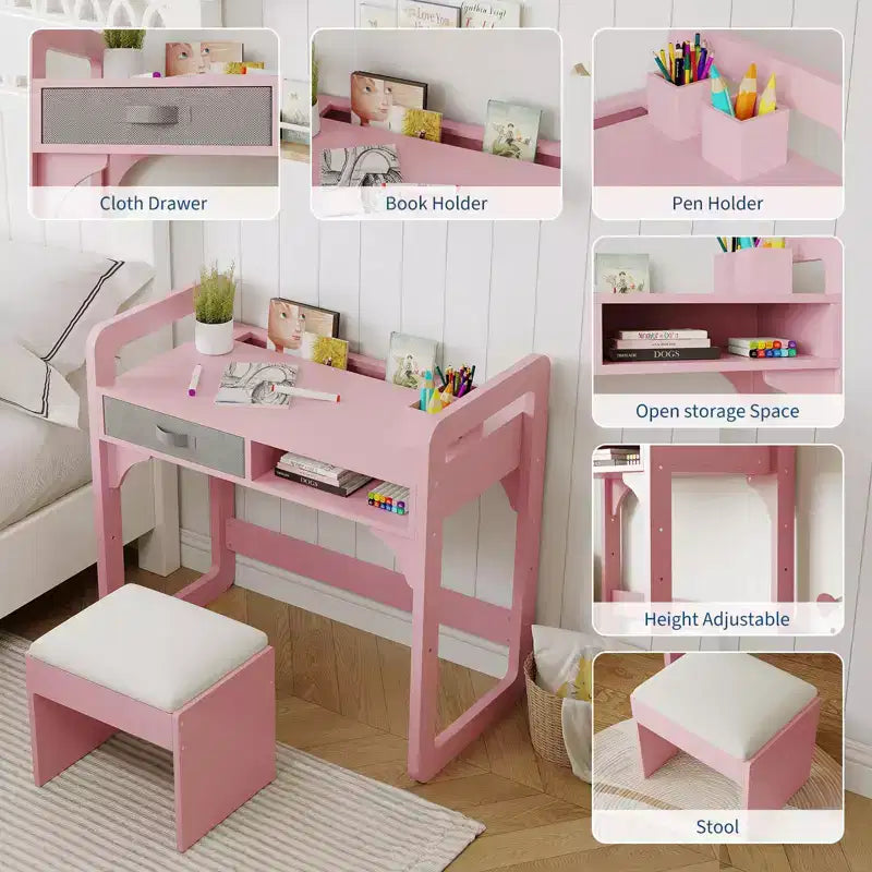 Schreibtisch- und Stuhlset für Kinder - Holzerner Schülerschreibtisch mit Stoffschublade, Stiftehaltern und gepolstertem Hocker für Schlafzimmer, Spielzimmer und Wohnzimmer
