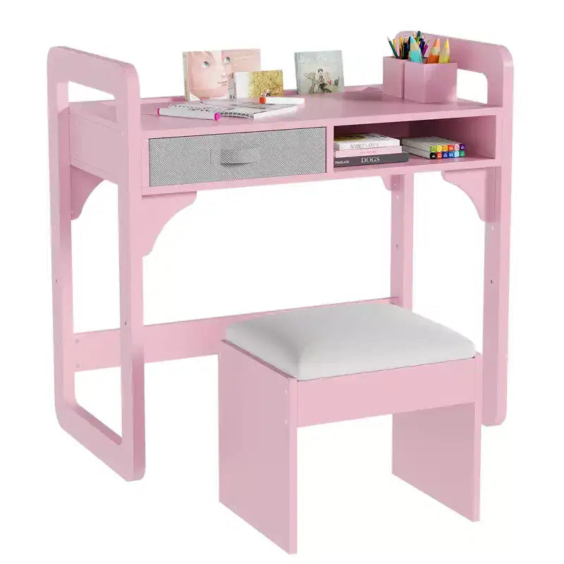 Schreibtisch- und Stuhlset für Kinder - Holzerner Schülerschreibtisch mit Stoffschublade, Stiftehaltern und gepolstertem Hocker für Schlafzimmer, Spielzimmer und Wohnzimmer