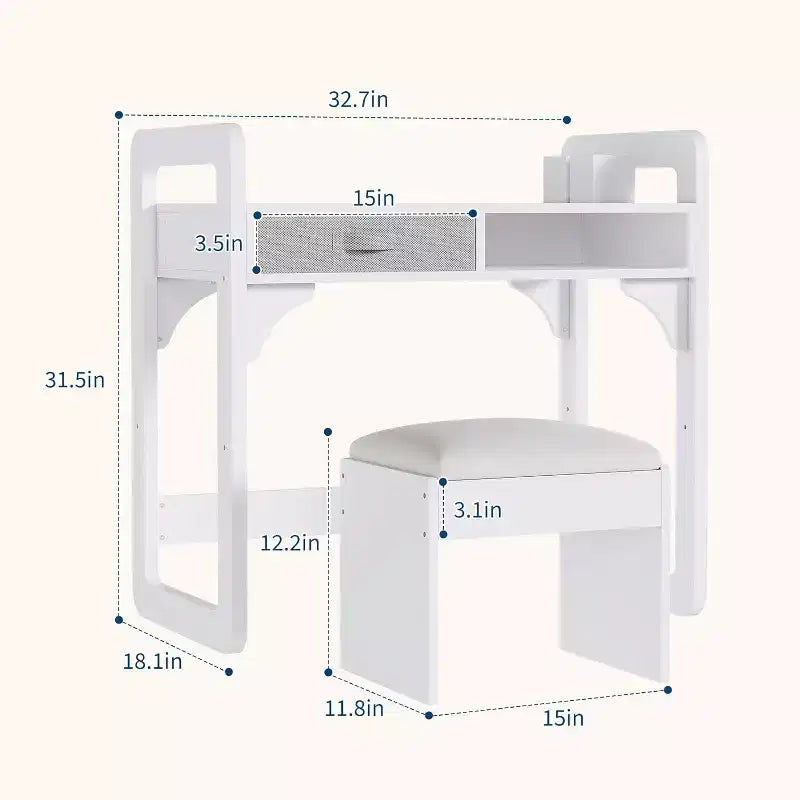 Schreibtisch- und Stuhlset für Kinder - Holzerner Schülerschreibtisch mit Stoffschublade, Stiftehaltern und gepolstertem Hocker für Schlafzimmer, Spielzimmer und Wohnzimmer