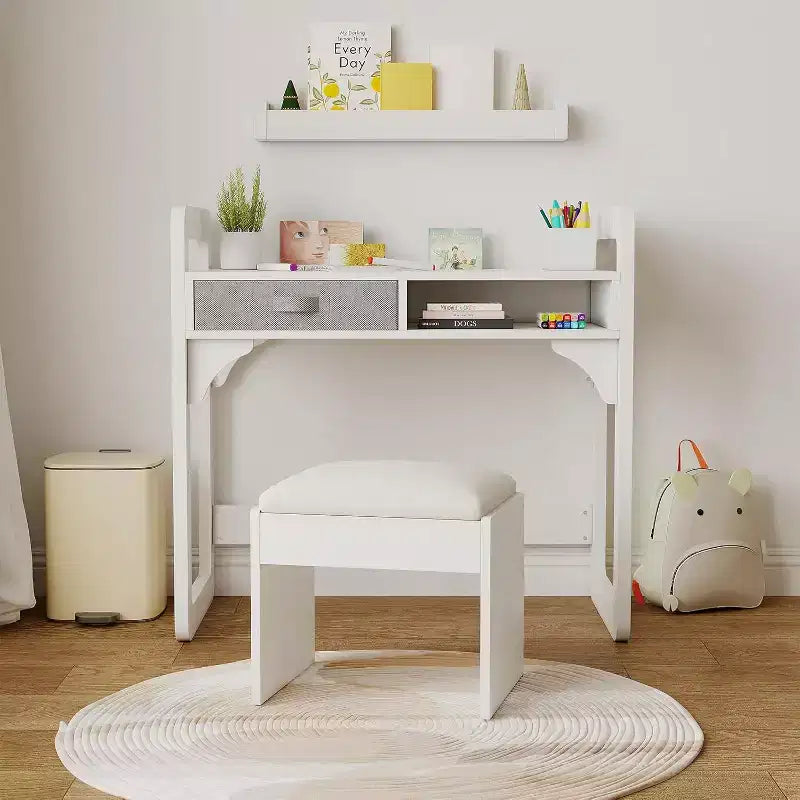 Schreibtisch- und Stuhlset für Kinder - Holzerner Schülerschreibtisch mit Stoffschublade, Stiftehaltern und gepolstertem Hocker für Schlafzimmer, Spielzimmer und Wohnzimmer
