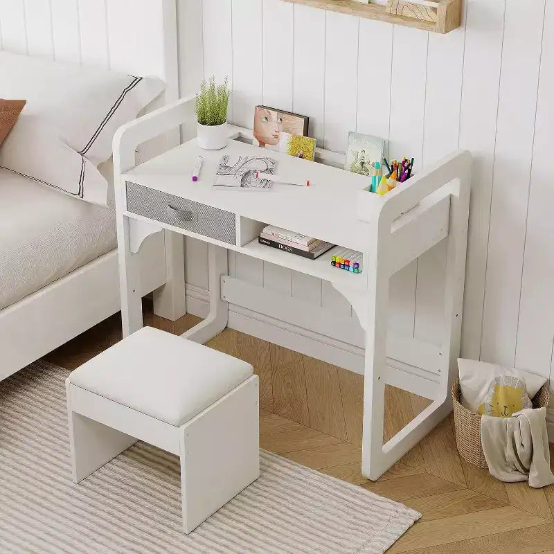 Schreibtisch- und Stuhlset für Kinder - Holzerner Schülerschreibtisch mit Stoffschublade, Stiftehaltern und gepolstertem Hocker für Schlafzimmer, Spielzimmer und Wohnzimmer