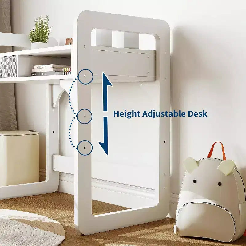 Schreibtisch- und Stuhlset für Kinder - Holzerner Schülerschreibtisch mit Stoffschublade, Stiftehaltern und gepolstertem Hocker für Schlafzimmer, Spielzimmer und Wohnzimmer
