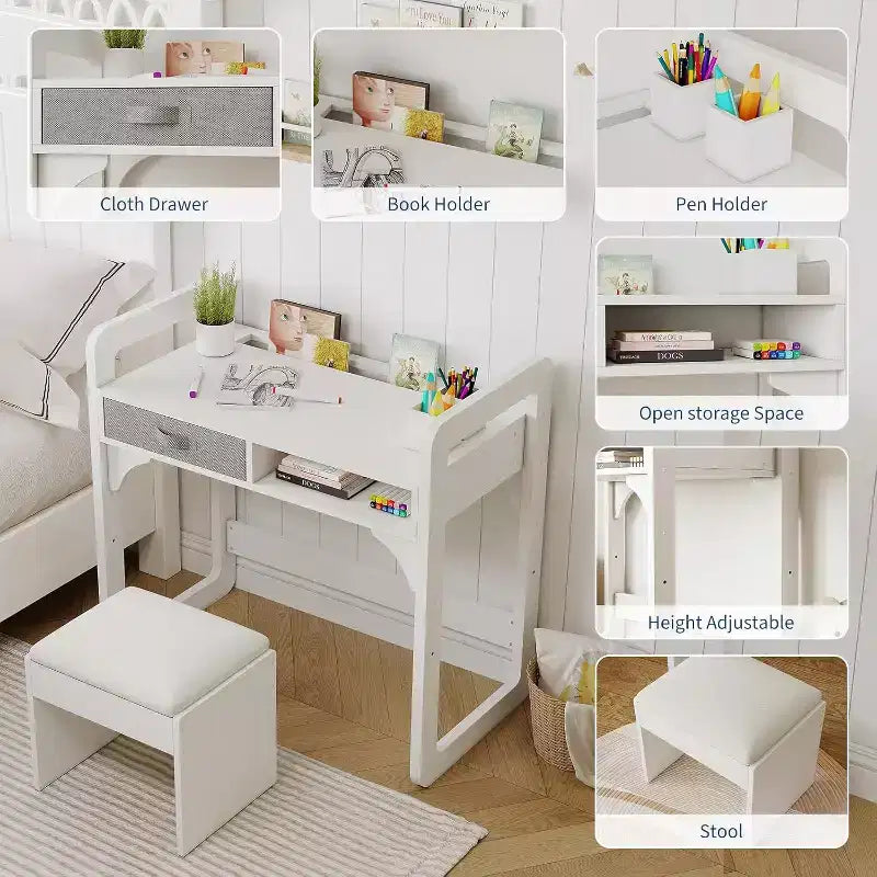 Schreibtisch- und Stuhlset für Kinder - Holzerner Schülerschreibtisch mit Stoffschublade, Stiftehaltern und gepolstertem Hocker für Schlafzimmer, Spielzimmer und Wohnzimmer