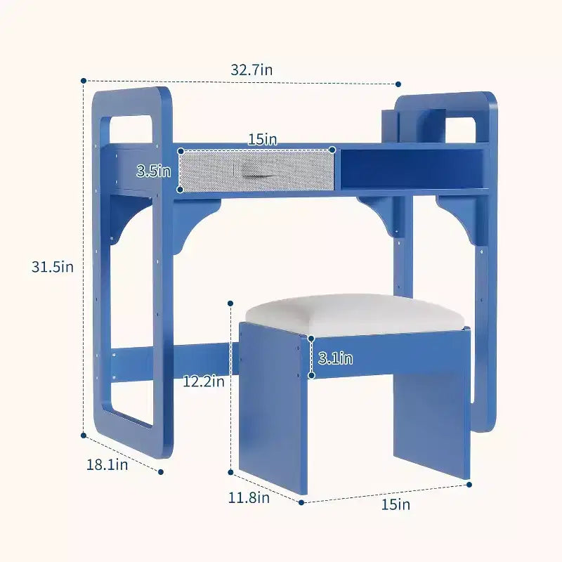 Juego de escritorio y silla infantil - Mesa de estudio de madera con cajón de tela, portalápices y taburete acolchado para dormitorio, sala de juegos y sala de estar