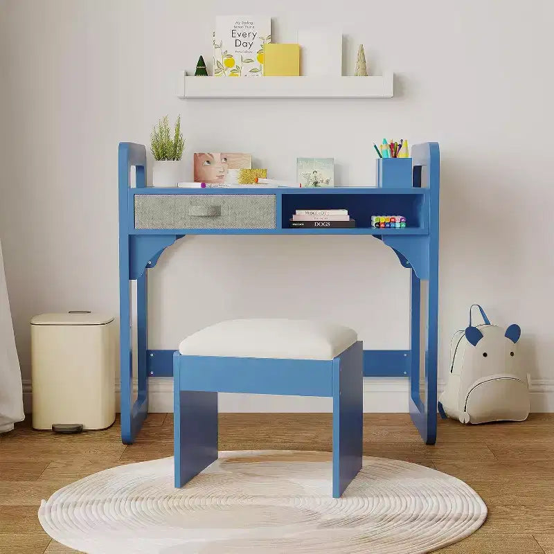 Juego de escritorio y silla infantil - Mesa de estudio de madera con cajón de tela, portalápices y taburete acolchado para dormitorio, sala de juegos y sala de estar