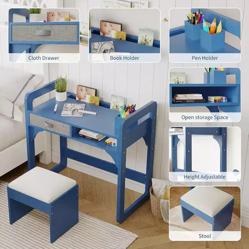 Juego de escritorio y silla infantil - Mesa de estudio de madera con cajón de tela, portalápices y taburete acolchado para dormitorio, sala de juegos y sala de estar
