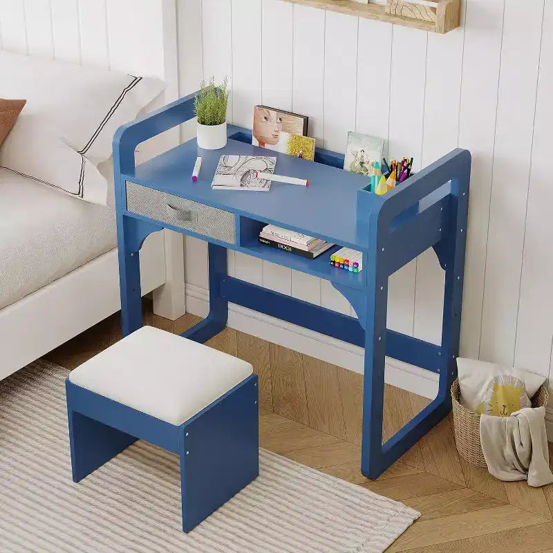 Schreibtisch- und Stuhlset für Kinder - Holzerner Schülerschreibtisch mit Stoffschublade, Stiftehaltern und gepolstertem Hocker für Schlafzimmer, Spielzimmer und Wohnzimmer