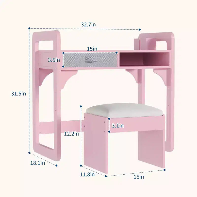 Schreibtisch- und Stuhlset für Kinder - Holzerner Schülerschreibtisch mit Stoffschublade, Stiftehaltern und gepolstertem Hocker für Schlafzimmer, Spielzimmer und Wohnzimmer
