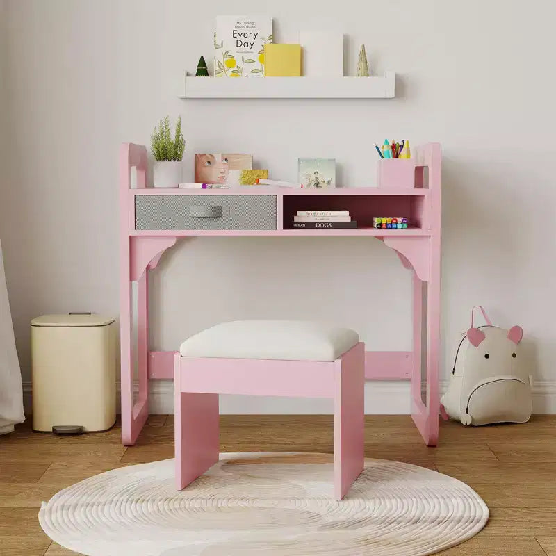 Schreibtisch- und Stuhlset für Kinder - Holzerner Schülerschreibtisch mit Stoffschublade, Stiftehaltern und gepolstertem Hocker für Schlafzimmer, Spielzimmer und Wohnzimmer