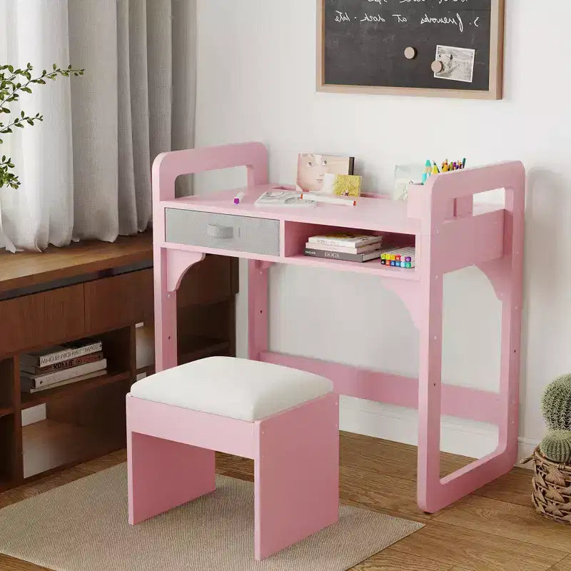 Juego de escritorio y silla infantil - Mesa de estudio de madera con cajón de tela, portalápices y taburete acolchado para dormitorio, sala de juegos y sala de estar