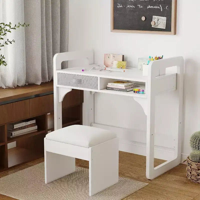 Juego de escritorio y silla infantil - Mesa de estudio de madera con cajón de tela, portalápices y taburete acolchado para dormitorio, sala de juegos y sala de estar