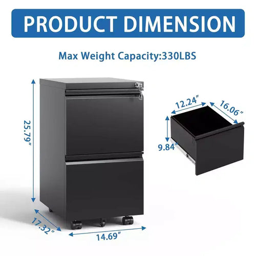 Archivador de 2 cajones con cerradura, archivador metálico móvil, archivador vertical, armario de almacenamiento moderno, premontado excepto las ruedas, negro