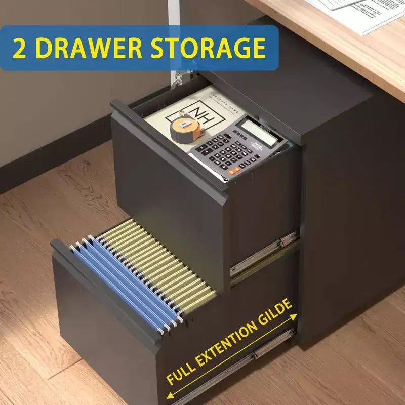 Archivador de 2 cajones con cerradura, archivador metálico móvil, archivador vertical, armario de almacenamiento moderno, premontado excepto las ruedas, negro