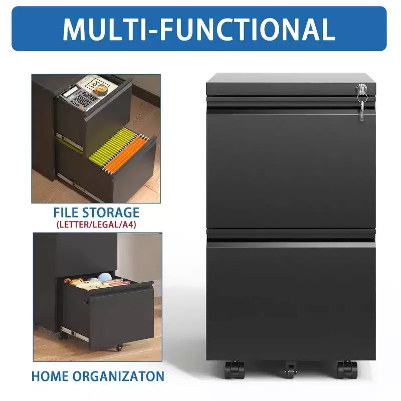 Archivador de 2 cajones con cerradura, archivador metálico móvil, archivador vertical, armario de almacenamiento moderno, premontado excepto las ruedas, negro