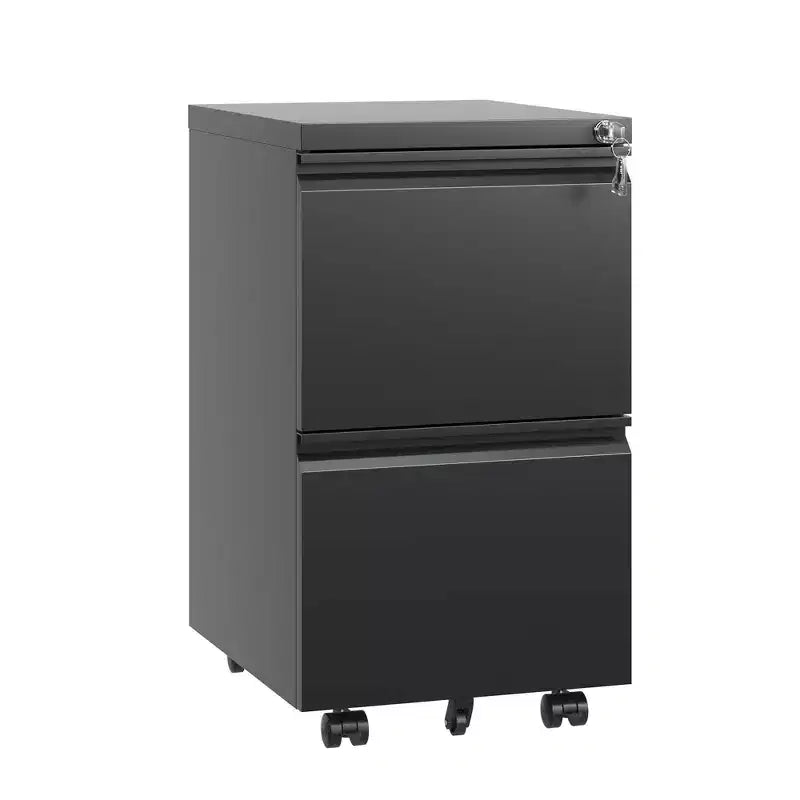 Archivador de 2 cajones con cerradura, archivador metálico móvil, archivador vertical, armario de almacenamiento moderno, premontado excepto las ruedas, negro