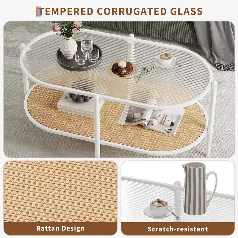 Couchtisch mit Glasplatte im Boho-Rattan-Stil, ovaler 2-stufiger Wohnzimmertisch mit Metallgestell und Ablagefach, rustikaler Akzent-Teetisch im Landhausstil