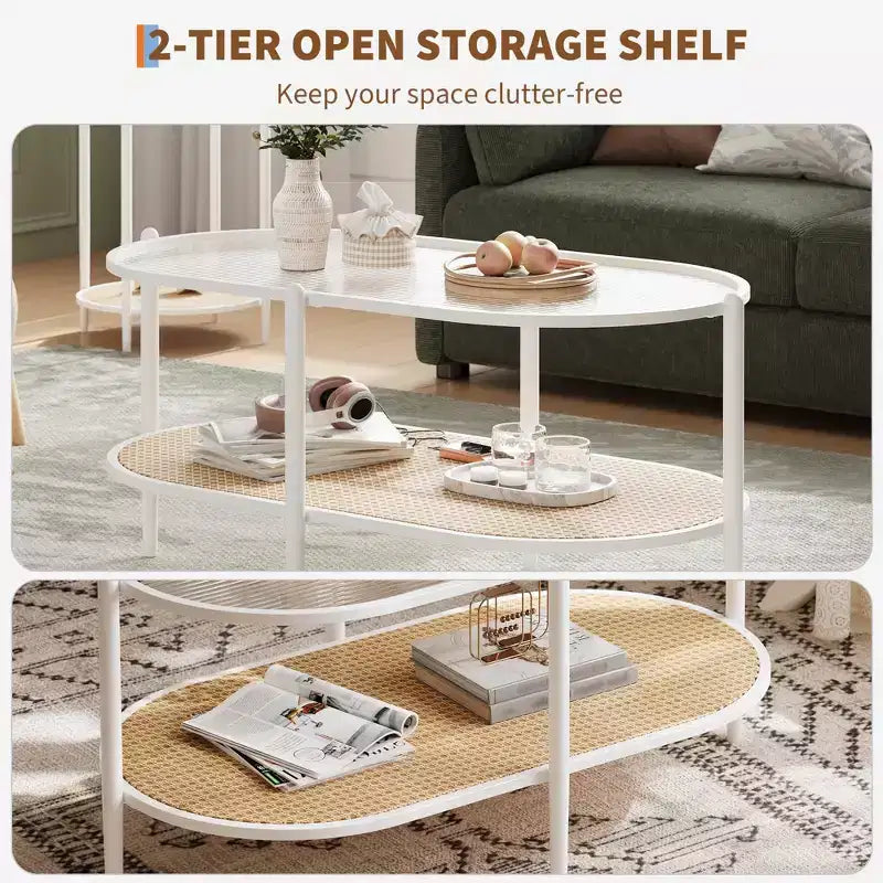 Mesa de centro ovalada boho de ratán con tapa de vidrio, de 2 niveles, con estructura metálica y estante de almacenamiento, mesa decorativa rústica de té para sala de estar