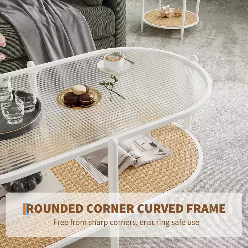Mesa de centro ovalada boho de ratán con tapa de vidrio, de 2 niveles, con estructura metálica y estante de almacenamiento, mesa decorativa rústica de té para sala de estar