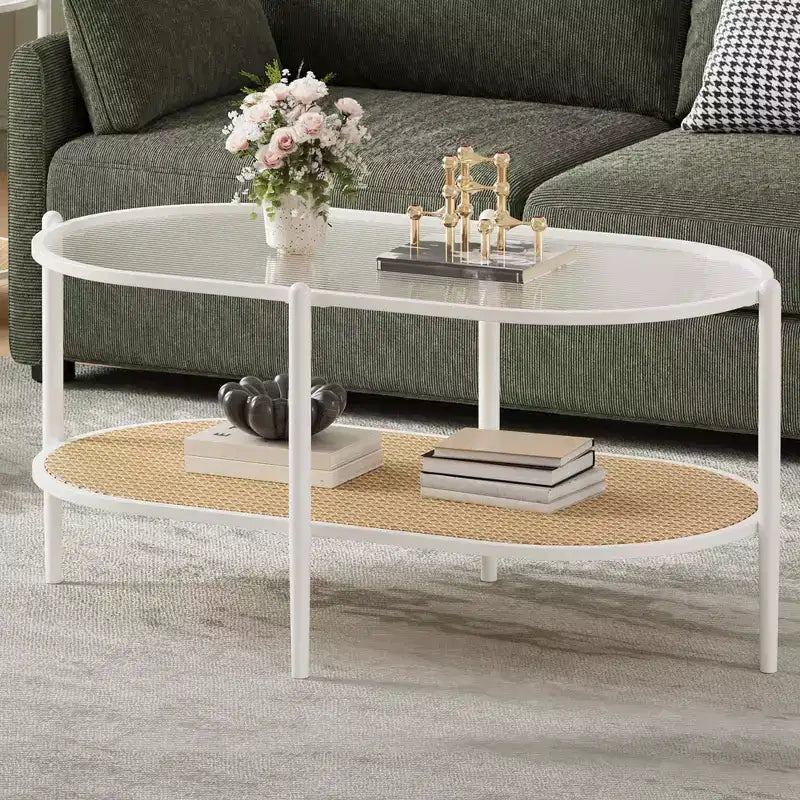 Mesa de centro ovalada boho de ratán con tapa de vidrio, de 2 niveles, con estructura metálica y estante de almacenamiento, mesa decorativa rústica de té para sala de estar