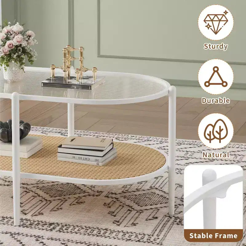 Mesa de centro ovalada boho de ratán con tapa de vidrio, de 2 niveles, con estructura metálica y estante de almacenamiento, mesa decorativa rústica de té para sala de estar