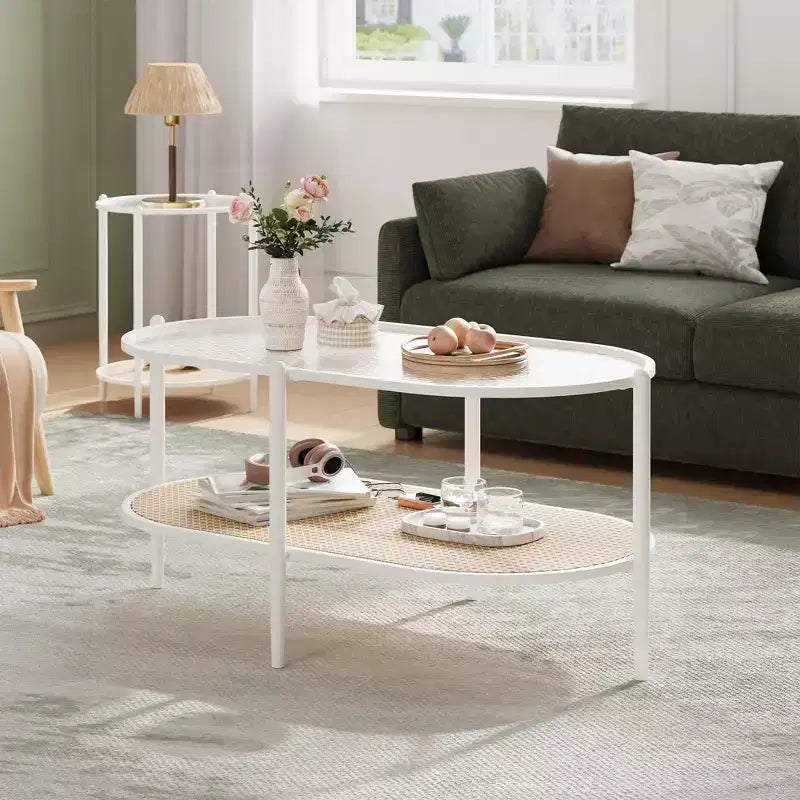 Mesa de centro ovalada boho de ratán con tapa de vidrio, de 2 niveles, con estructura metálica y estante de almacenamiento, mesa decorativa rústica de té para sala de estar