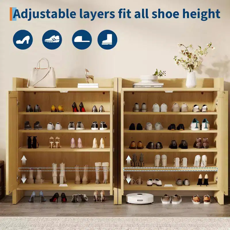 Schuhschrank aus Rattan für den Eingangsbereich, belüfteter Schuhschrank in Holzoptik mit verstellbaren Einlegeböden, warme Rattantür, Stauraum für Flur und Küche