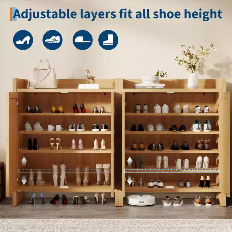 Schuhschrank aus Rattan für den Eingangsbereich, belüfteter Schuhschrank in Holzoptik mit verstellbaren Einlegeböden, warme Rattantür, Stauraum für Flur und Küche