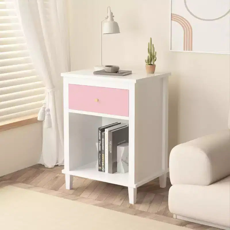 Table de chevet en bois de 26.77H avec tiroir et étagère ouverte, poignées en métal, pour enfants et adultes, chambres