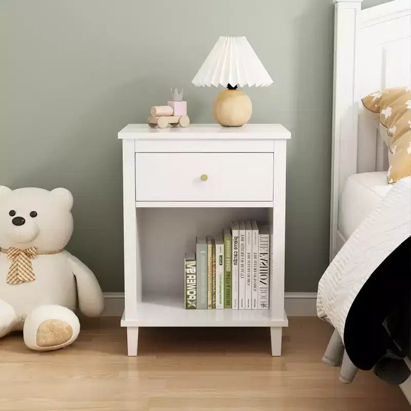 Table de chevet en bois de 26.77H avec tiroir et étagère ouverte, poignées en métal, pour enfants et adultes, chambres