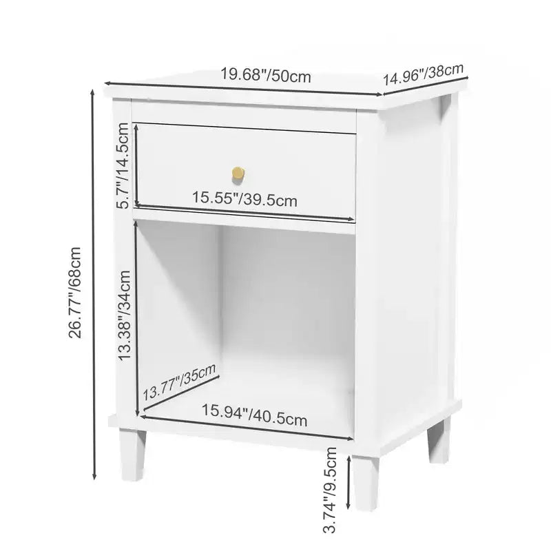 Table de chevet en bois de 26.77H avec tiroir et étagère ouverte, poignées en métal, pour enfants et adultes, chambres