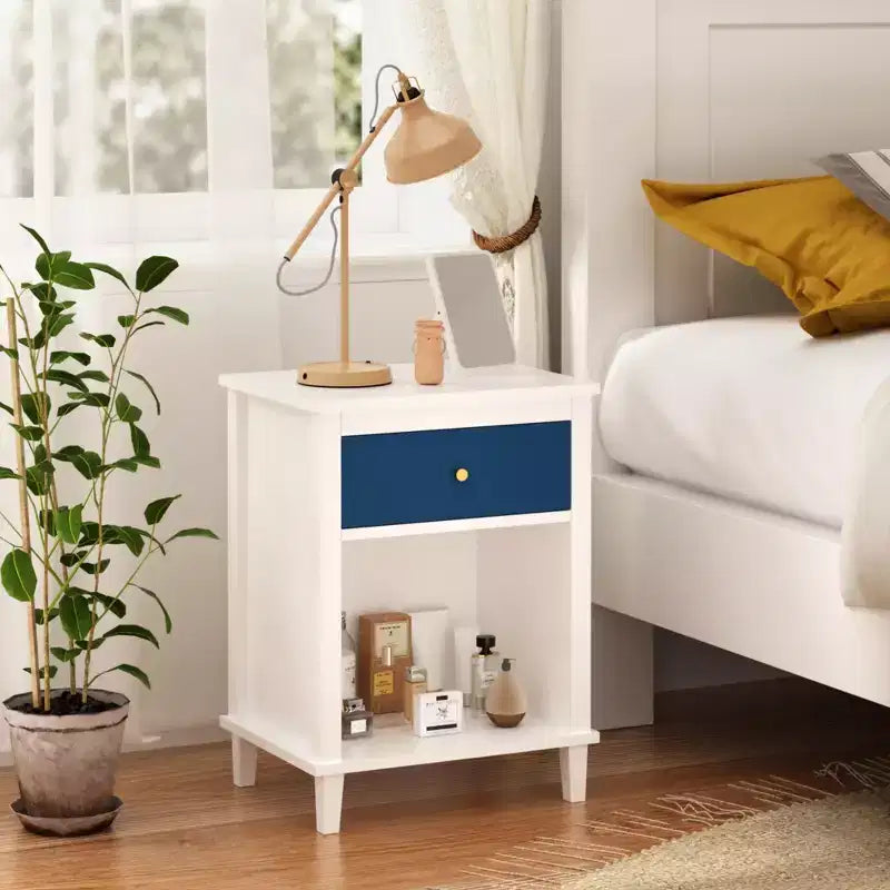 Table de chevet en bois de 26.77H avec tiroir et étagère ouverte, poignées en métal, pour enfants et adultes, chambres