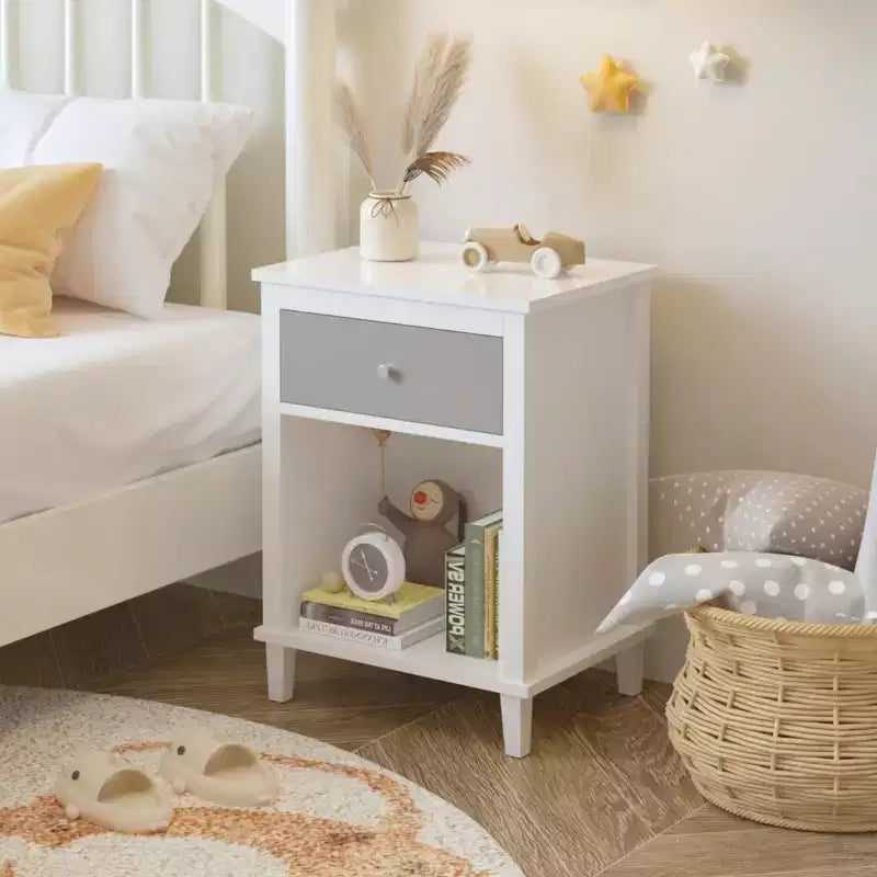 Table de chevet en bois de 26.77H avec tiroir et étagère ouverte, poignées en métal, pour enfants et adultes, chambres